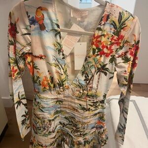 Rococo Sand Cream Ruched Mini Dress with Plunge Neckline